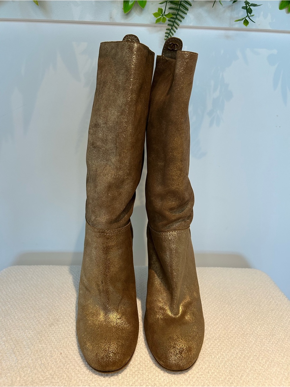 VINTAGE CHANEL Metallic Gold Suede Fold-over Mid Calf Boots sz 38